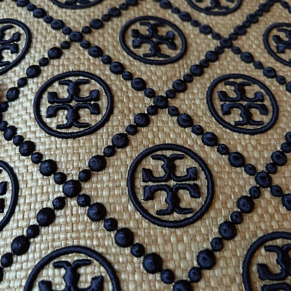 Tory Burch T Monogram Embroidered Straw Pouch Royal Navy - Picture 5 of 11